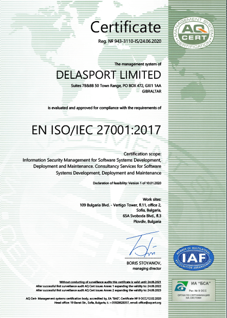 Delasport certificate-ISO/IEC 27001:2017